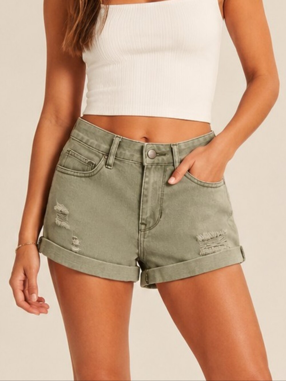 Bullhead Denim Co High Rise Distressed Shorts Sage Olive Green Women’s Size 24